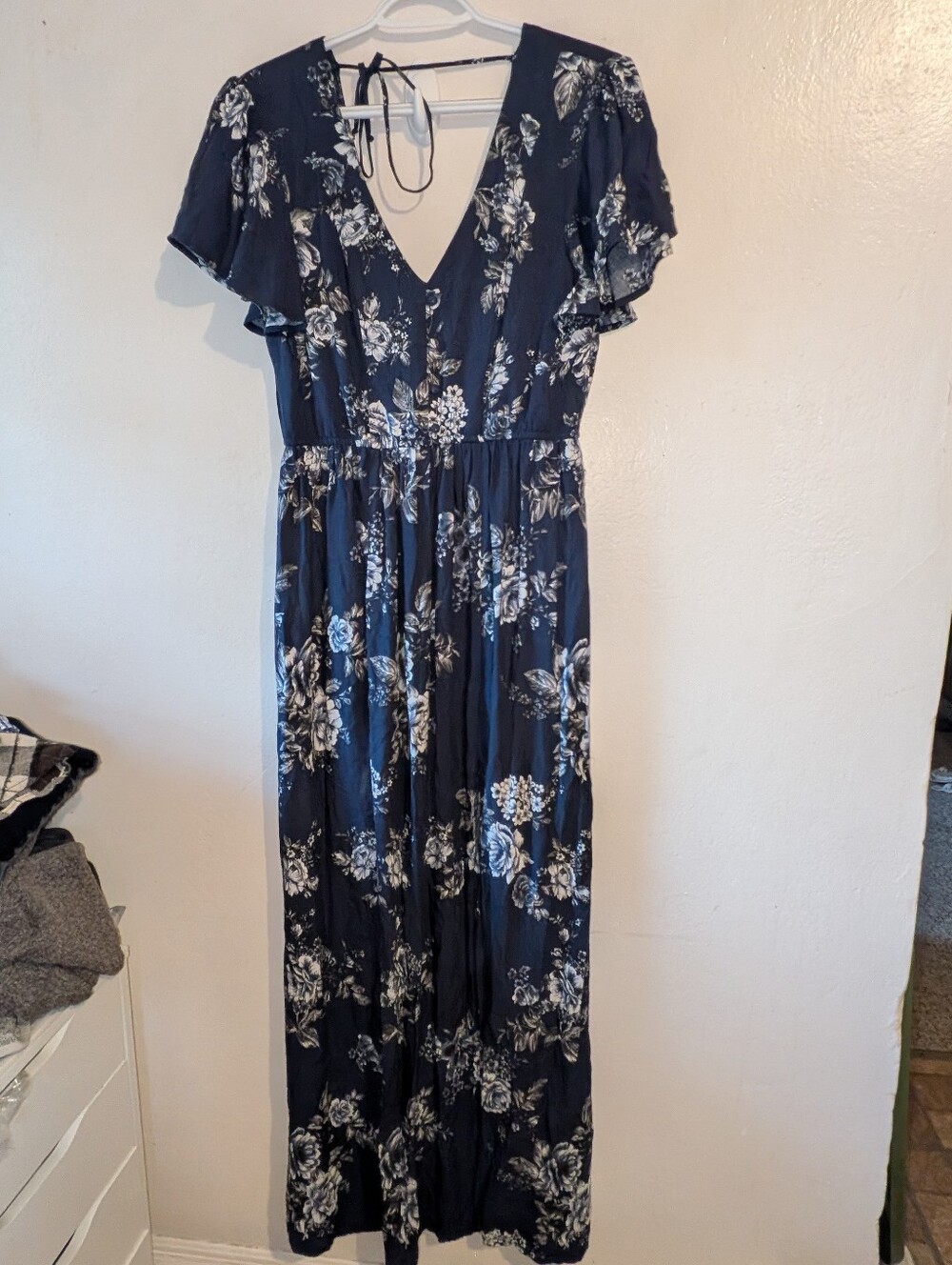 Three Pink Hearts Navy and White Floral V-Neck Maxi Dress